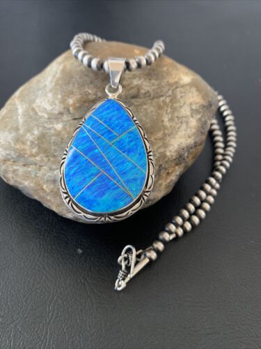 Native American Women's Navajo Blue Faux Opal Pendant | Sterling Silver | 2.30" | 01896