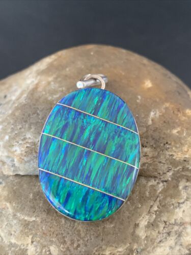 Authentic Native American Navajo Sterling Silver Blue Opal Inlay Pendant | Handmade Jewelry | 13140