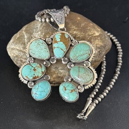 Navajo Blue #8 Turquoise Squash Blossom Necklace Pendant | Authentic Native American Sterling Silver | Naja | 14355