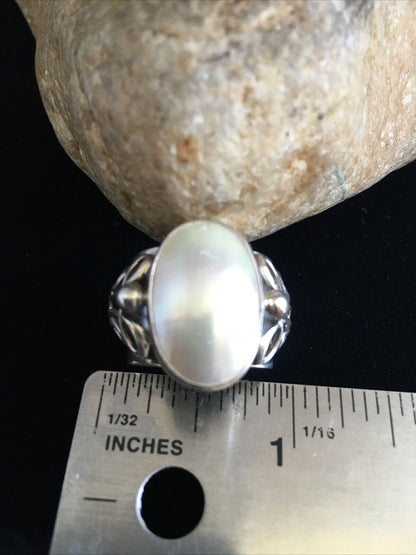 Southwestern Navajo White Mabe Pearl Ring | Sterling Silver | Sz 8 | Authentic Native American Handmade | 1720