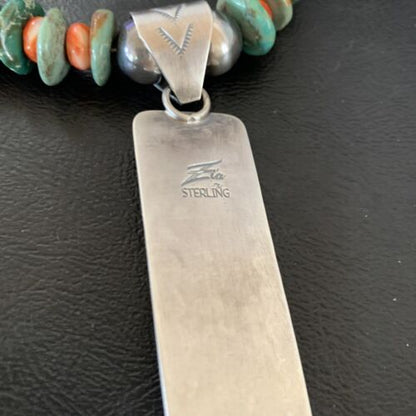 Navajo Royston Turquoise & Red Spiny Oyster Necklace Pendant | Authentic Native American Sterling Silver | Multi-Stone | 11761