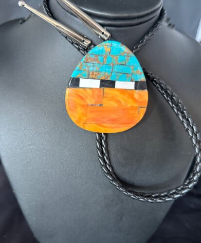 Men's Bolo Tie | Turquoise & Orange Spiny Oyster | Sterling Silver Tips | Authentic Native American Handmade | 14630