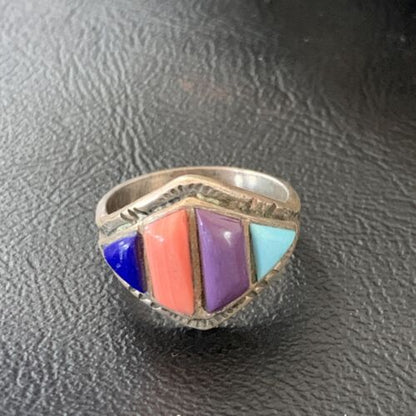 Navajo Multi-Color Turquoise Sugilite Coral Lapis Inlay Ring | Sterling Silver | Sz 9 | 12396