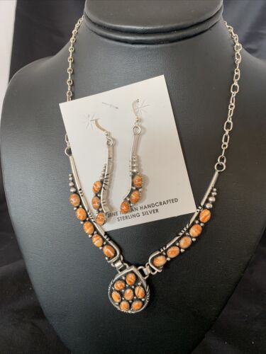 Navajo Orange Spiny Oyster Necklace Earrings Set | Sterling Silver | Authentic Native American Handmade | 2103