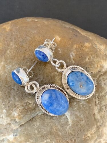 Navajo Denim Lapis Dangle Earrings | Sterling Silver | 1.1" | Authentic Native American Handmade | 1699