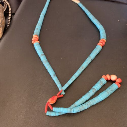 Southwestern Santo Domingo Pink Coral Blue Turquoise Jacla Necklace | 20" | Authentic Native American Handmade | 12515