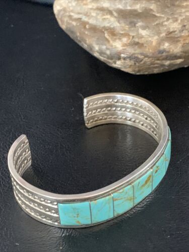 Native American Men's Blue #8 Turquoise Inlay Cuff Bracelet | Sterling Silver | 14138
