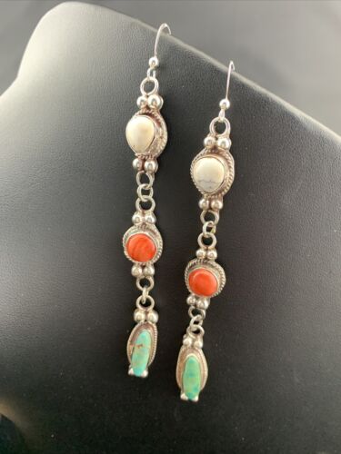 Navajo Howlite, Spiny Oyster & Turquoise Dangle Earrings | Sterling Silver | Authentic Native American Handmade | 1629