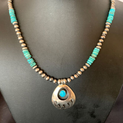 Navajo Bear Paw Pendant Necklace | Sterling Silver | Blue Turquoise | Men's | Authentic Native American Handmade | 12550