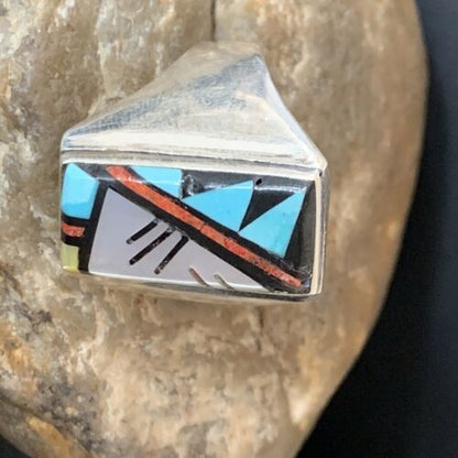 Navajo Men's Spiny Blue Turquoise Inlay Ring | Sterling Silver | Sz 15 | Authentic Native American Handmade | 12423