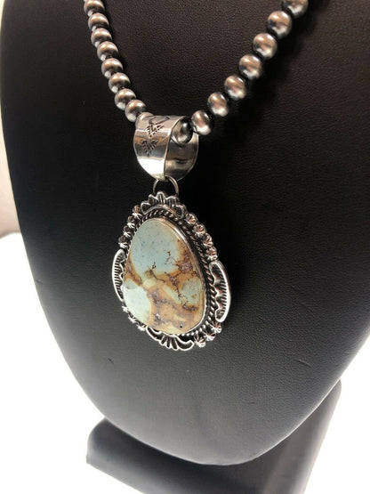 Navajo Royston Turquoise Pendant Necklace | Sterling Silver | Authentic Native American Handmade | 11295