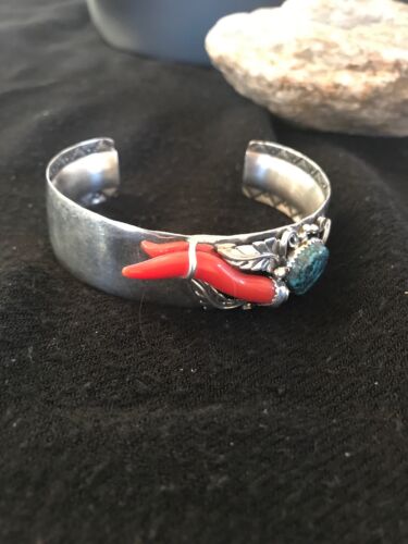 Navajo Spiderweb Turquoise & Coral Bracelet | Sterling Silver | Authentic Native American Handmade | 8366