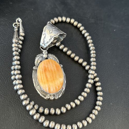 Navajo Pearls Orange Spiny Oyster Necklace Pendant | Sterling Silver | Authentic Native American Handmade | 14719
