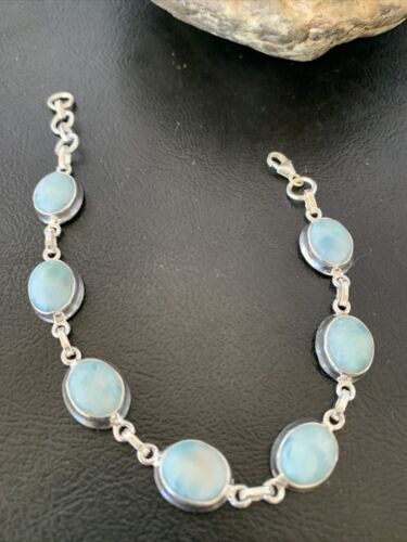 Navajo Blue Larimar 7 Link Bracelet | Sterling Silver | 7.5" | Authentic Native American Handmade | 10623