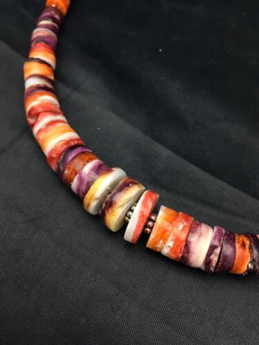 Orange Purple Spiny Oyster Necklace | Navajo Sterling Silver | Authentic Native American Jewelry | 20"