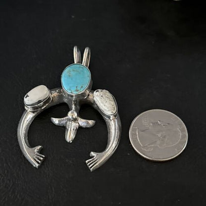 Navajo Blue Kingman Turquoise White Buffalo Naja Pendant | Sterling Silver | Authentic Native American Handmade | 14669 - Masha USA