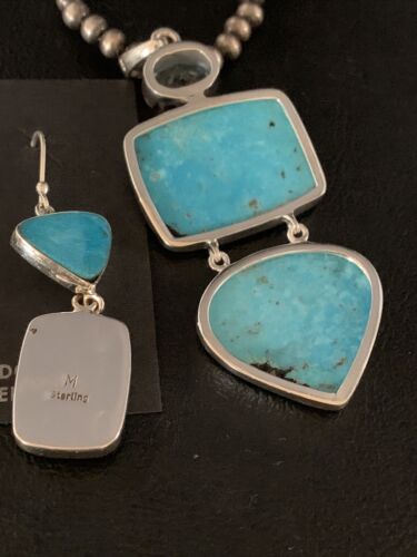 Navajo Blue Topaz Turquoise Necklace Earrings Set | Sterling Silver | 3" Pendant | Authentic Native American Handmade | 14098