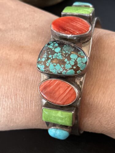 Navajo Turquoise Gaspeite Spiny Oyster Cuff Bracelet | Sterling Silver | Authentic Native American Handmade | 14815