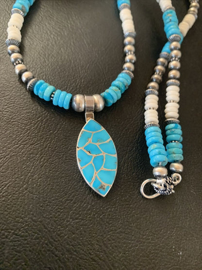 Zuni Turquoise Howlite Inlay Necklace Pendant | Sterling Silver | Authentic Native American Handmade | 02091