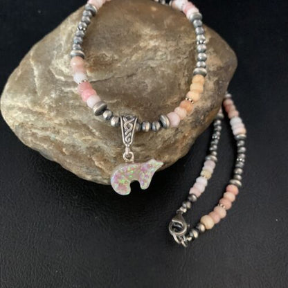 Navajo Bear Pink Opal Bead Necklace | Sterling Silver Inlay Pendant | Authentic Native American Handmade | 13459