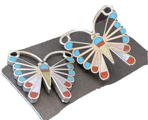 Native American Zuni Sterling Silver Inlay Earrings | Turquoise Coral Mother of Pearl | 1085