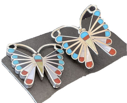 Native American Zuni Sterling Silver Inlay Earrings | Turquoise Coral Mother of Pearl | 1085