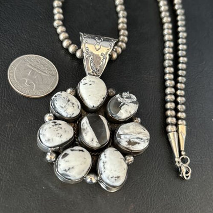 Navajo White Buffalo Turquoise Cluster Pendant | Authentic Native American Sterling Silver | Multi-Stone | 14676 - Masha USA