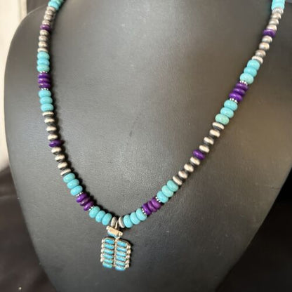 Blue Turquoise Sugilite Navajo Sterling Silver Necklace Pendant | Multi-Stone | 14644