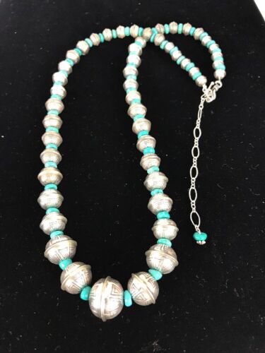 Navajo Pearls Turquoise Bead Necklace | Sterling Silver | 25" Single Strand | Southwestern | 00104