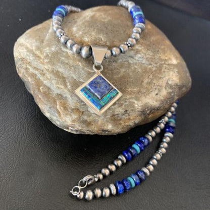 Navajo Men's Blue Lapis Turquoise Opal Inlay Pendant Necklace | Sterling Silver | 21" | 12604