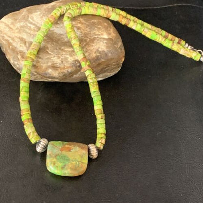 Navajo Green Gaspeite Turquoise Pendant | Sterling Silver | Authentic Native American Handmade | 13900
