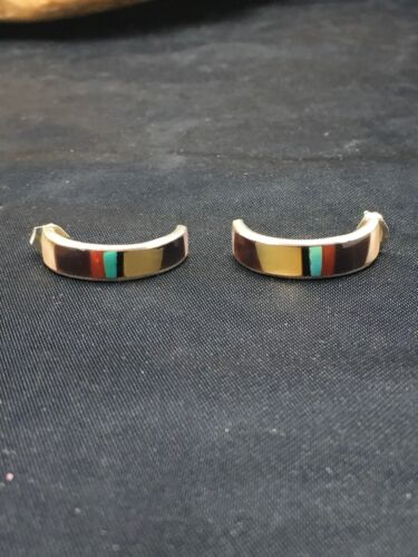 Navajo Mother of Pearl Onyx Turquoise Inlay Earrings | Sterling Silver | 0.8" | Authentic Native American Handmade | 1068
