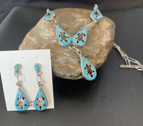 Southwestern Zuni Blue Turquoise Inlay Necklace | Sterling Silver | 19" | Native American Handmade | 11911