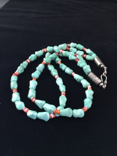 Native American Sterling Silver Blue Turquoise Spiny Oyster Necklace | 18" | 10062