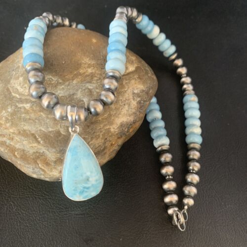 Navajo Men's Blue Larimar Pendant | 10mm | Sterling Silver | Natural Necklace | Authentic Native American | 14001