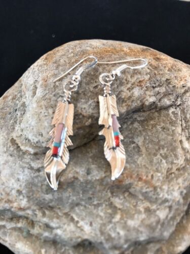 Navajo Coral Inlay Feather Earrings | Sterling Silver | Authentic Native American Handmade | 2007
