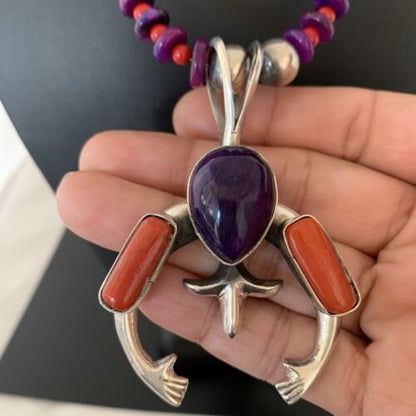Navajo Sterling Silver Necklace with Purple Sugilite and Red Coral Naja Pendant | Authentic Native American Handmade | 02150
