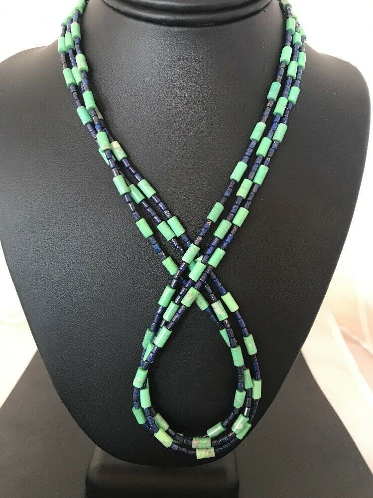 Navajo Tube Beads Lapis Turquoise Necklace | Sterling Silver | Authentic Native American Handmade | 3260