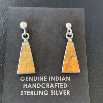 Navajo Orange Spiny Oyster Inlay Earrings | Sterling Silver | Authentic Native American Handmade | 12677