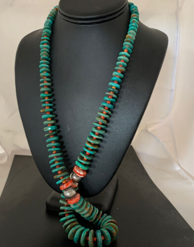 Navajo Necklace | Green Turquoise & Spiny Oyster | Sterling Silver | Authentic Native American | 28" Graduated | 01088
