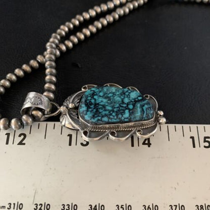 Navajo Spiderweb Turquoise Pendant Necklace | Sterling Silver | 2.25" | Authentic Native American Handmade | 13978