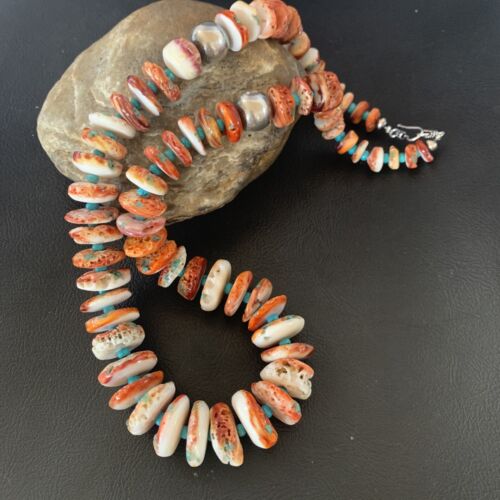 Navajo Turquoise & Red Spiny Oyster Necklace | Sterling Silver | Authentic Native American | 24" | 12734