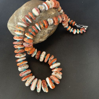 Navajo Turquoise & Red Spiny Oyster Necklace | Sterling Silver | Authentic Native American | 24" | 12734