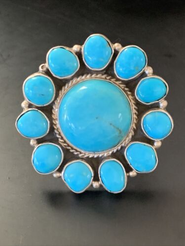 Navajo Blue Kingman Turquoise Cluster Ring | Authentic Native American Sterling Silver | Multi-Stone | Sz 7.5 | 11529
