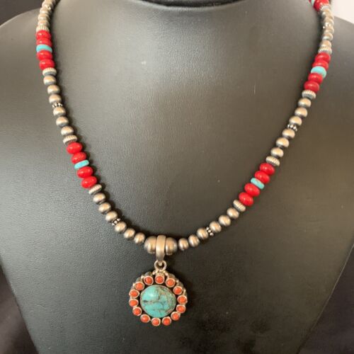 Southwestern Navajo Multi-Stone Necklace | Turquoise Coral Pendant | Sterling Silver | 21" | 12581