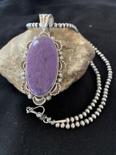 Southwestern Navajo Pearls Necklace | Sterling Silver Charoite Pendant | Authentic Native American Handmade | 01279