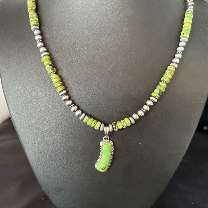 Navajo Green Turquoise Pendant Necklace | Sterling Silver | 22" | Authentic Native American Handmade | 14614 - Masha USA