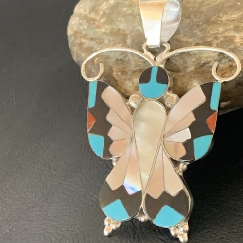 Zuni Blue Turquoise Coral Butterfly  Inlay Pendant | Sterling Silver Necklace | Authentic Native American Handmade | 11966