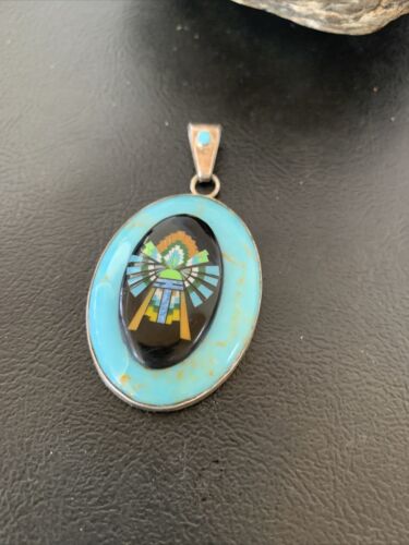 Zuni Multi-Stone Turquoise Pendant | Coral Onyx Inlay | Sterling Silver | Authentic Native American Handmade | 2029