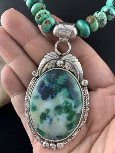 Men's Navajo Turquoise Necklace with Moss Agate Pendant | Sterling Silver | Authentic Native American Handmade | 1626